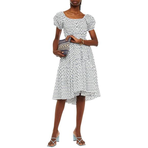 Caroline Consta Bardot Mini Flounce Dress Cap Sleeve Printed White Size XS - Picture 2 of 13